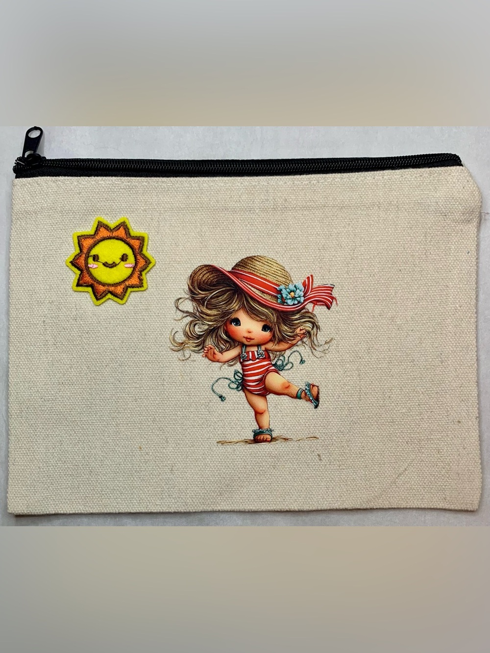 Hand Crafted Cream Canvas Pouch with Playful Girl and Sunny Patch